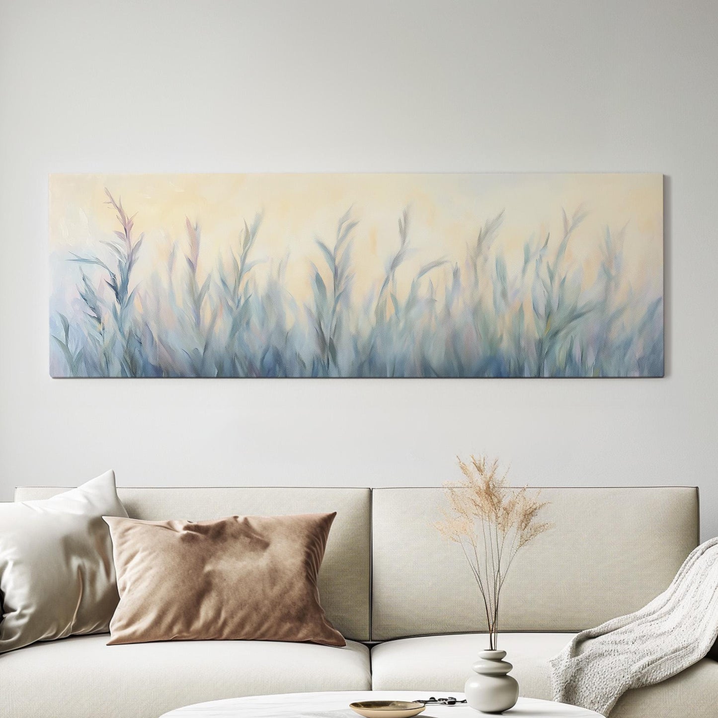 Pastel Tall Grass Panoramic Art Above Bed, Canvas Minimal Painting Wall Art Print, Floral Decor Canvas Art