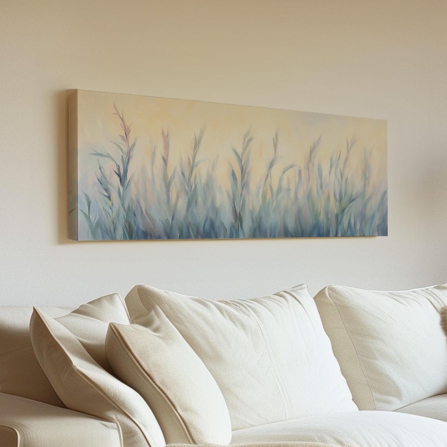 Pastel Tall Grass Panoramic Art Above Bed, Canvas Minimal Painting Wall Art Print, Floral Decor Canvas Art