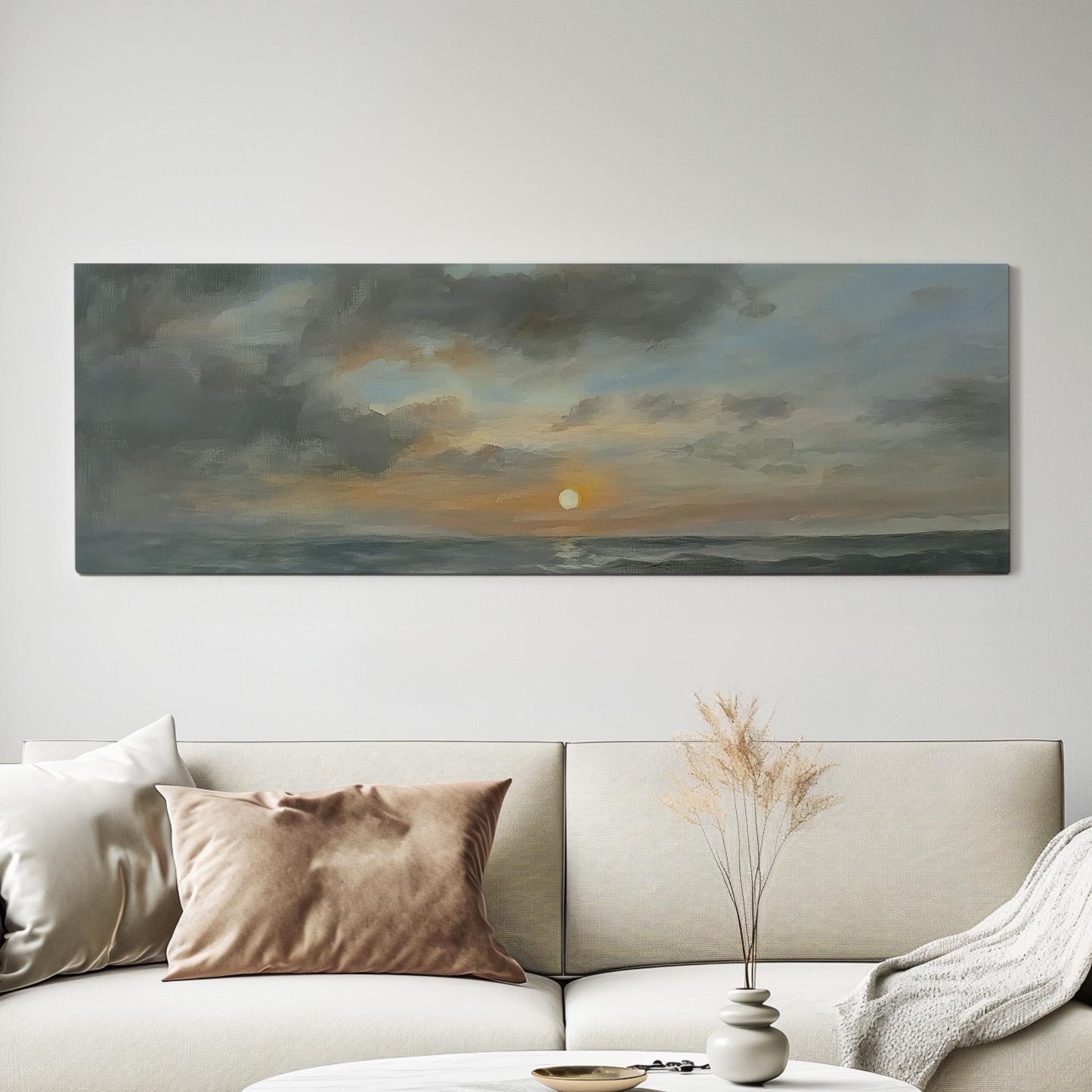 Ocean Sunset Panoramic Art For Living Room, Canvas Boat House Wall Art Print, Nautical Decor Canvas Art