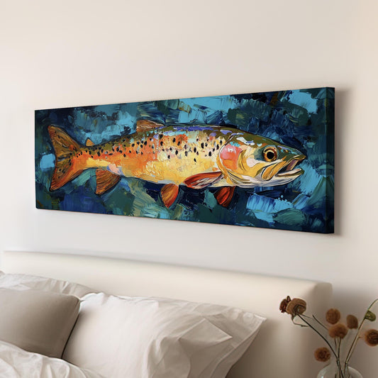 Abstract Trout Panoramic Art Above Couch, Canvas Fishing Shack Wall Art Print, Lake House Decor Canvas Art