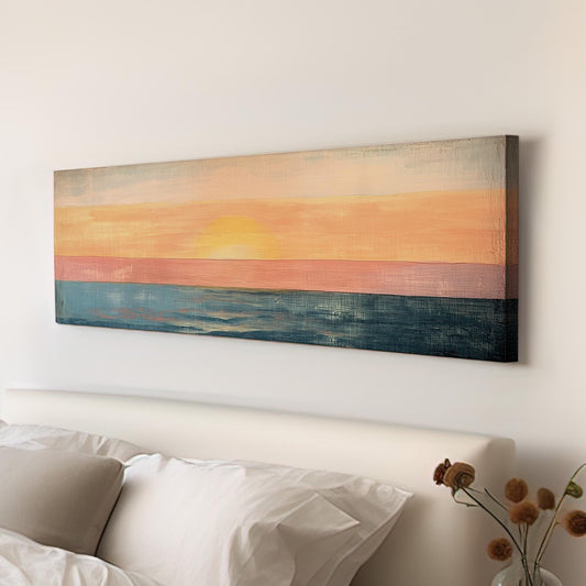 Mid Century Sunset Panoramic Art Above bed, Canvas Coastal Wall Art Print, Muted Vintage Decor Canvas Art