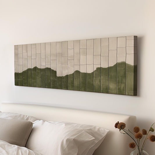 Moss Green Tile Inspired Panoramic Art Above Bed, Canvas Green and Cream Wall Art Print, Scandi Boho Decor Canvas Art
