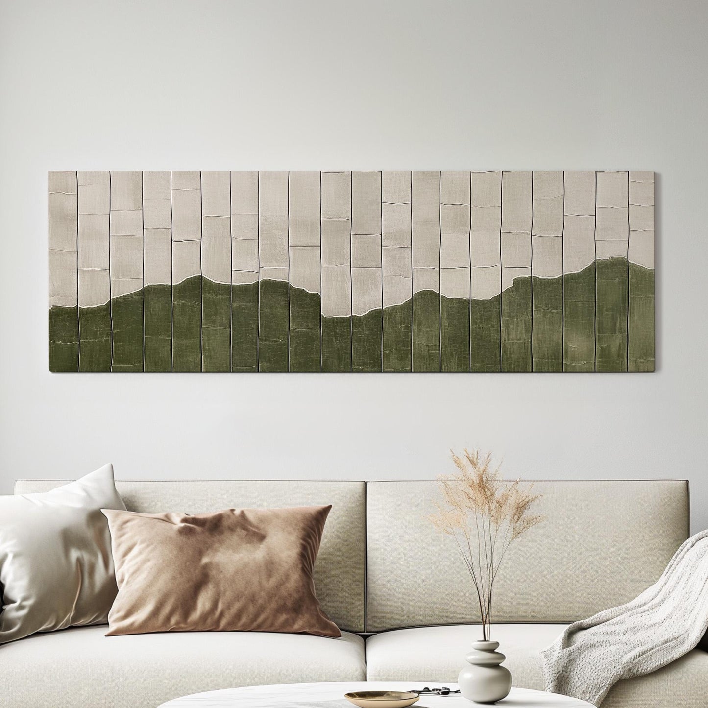 Moss Green Tile Inspired Panoramic Art Above Bed, Canvas Green and Cream Wall Art Print, Scandi Boho Decor Canvas Art