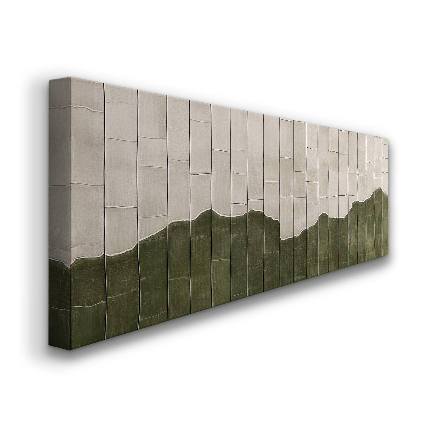Moss Green Tile Inspired Panoramic Art Above Bed, Canvas Green and Cream Wall Art Print, Scandi Boho Decor Canvas Art