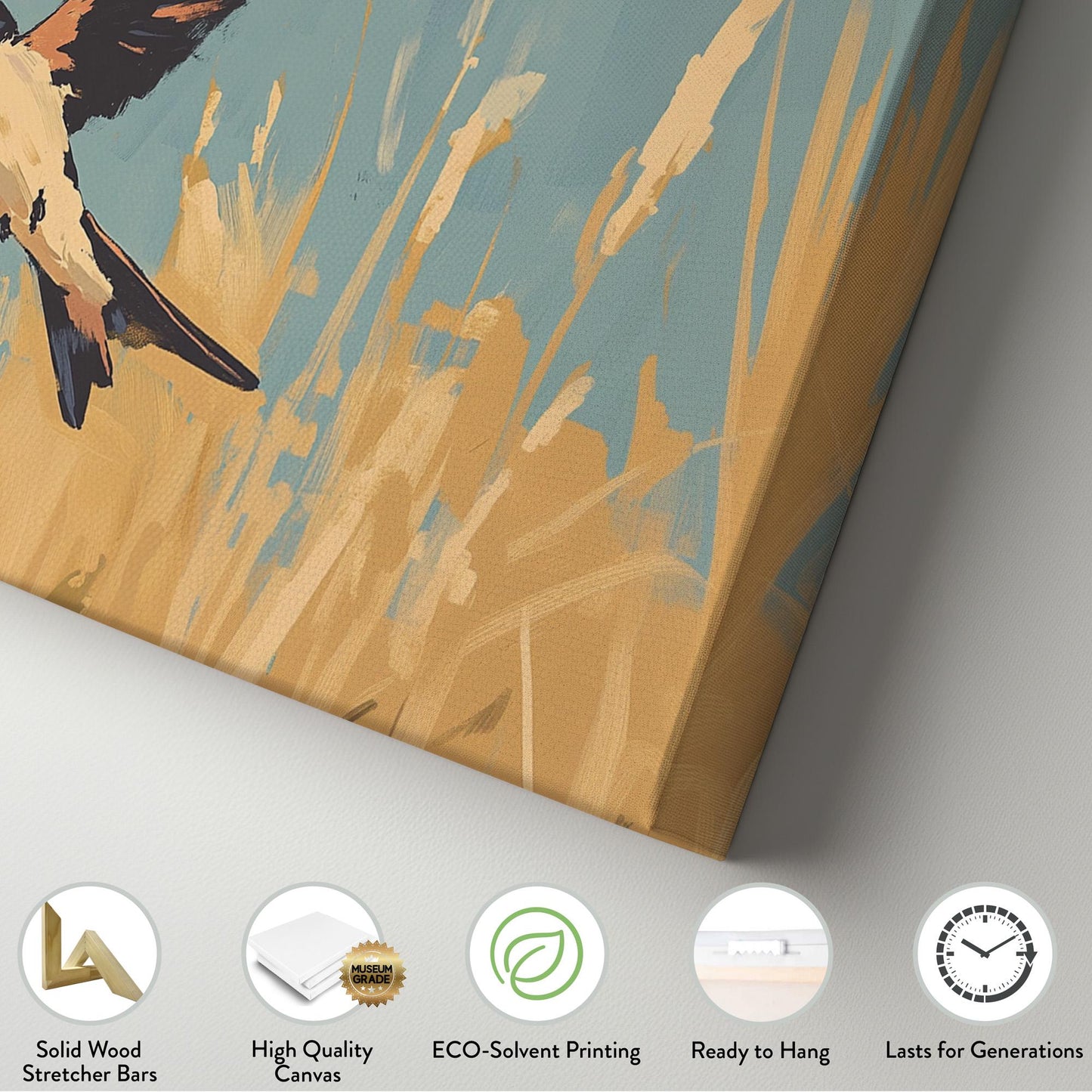 Flying Swallow Wall Art For Living Room, Horizontal Farmhouse Canvas Print, Yellow Tall Grass Decor Canvas Art