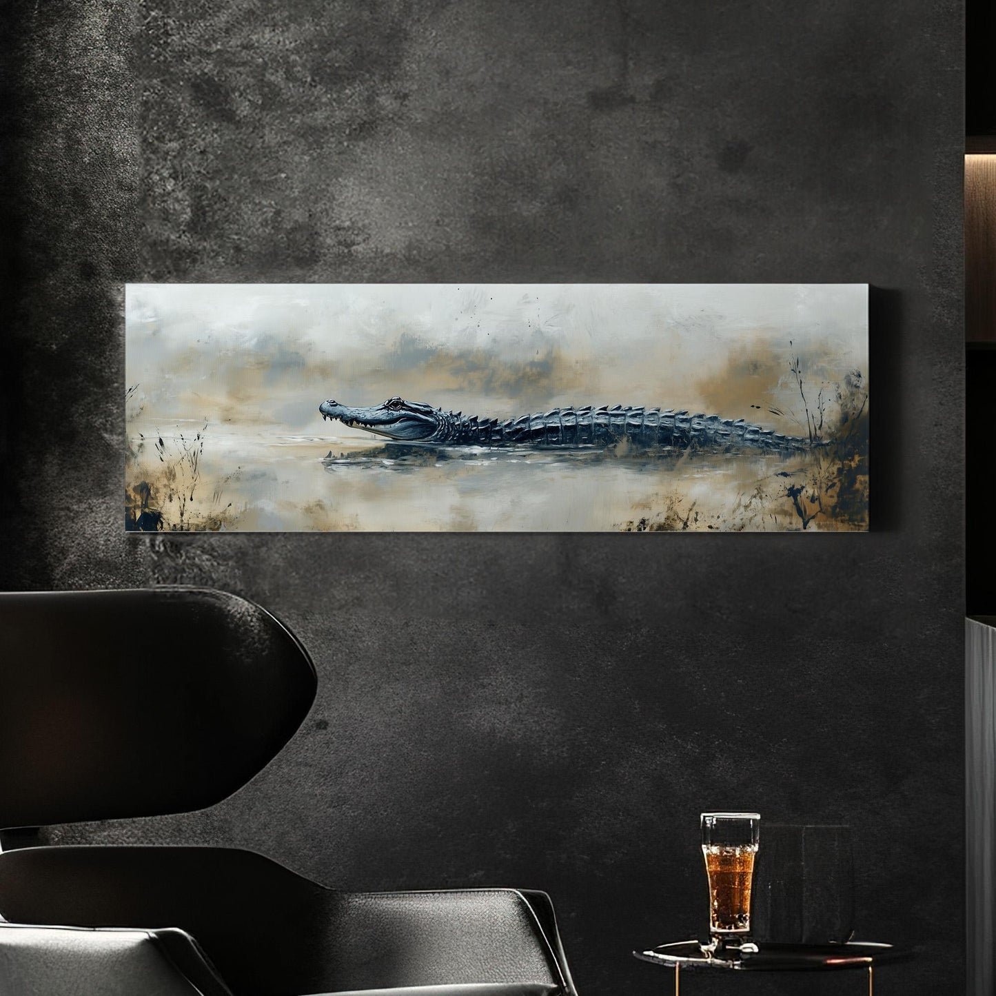 Alligator In The Mud Panoramic Art For Living Room, Canvas Florida Art Wall Art Print, Minimal Wildlife Decor Canvas Art