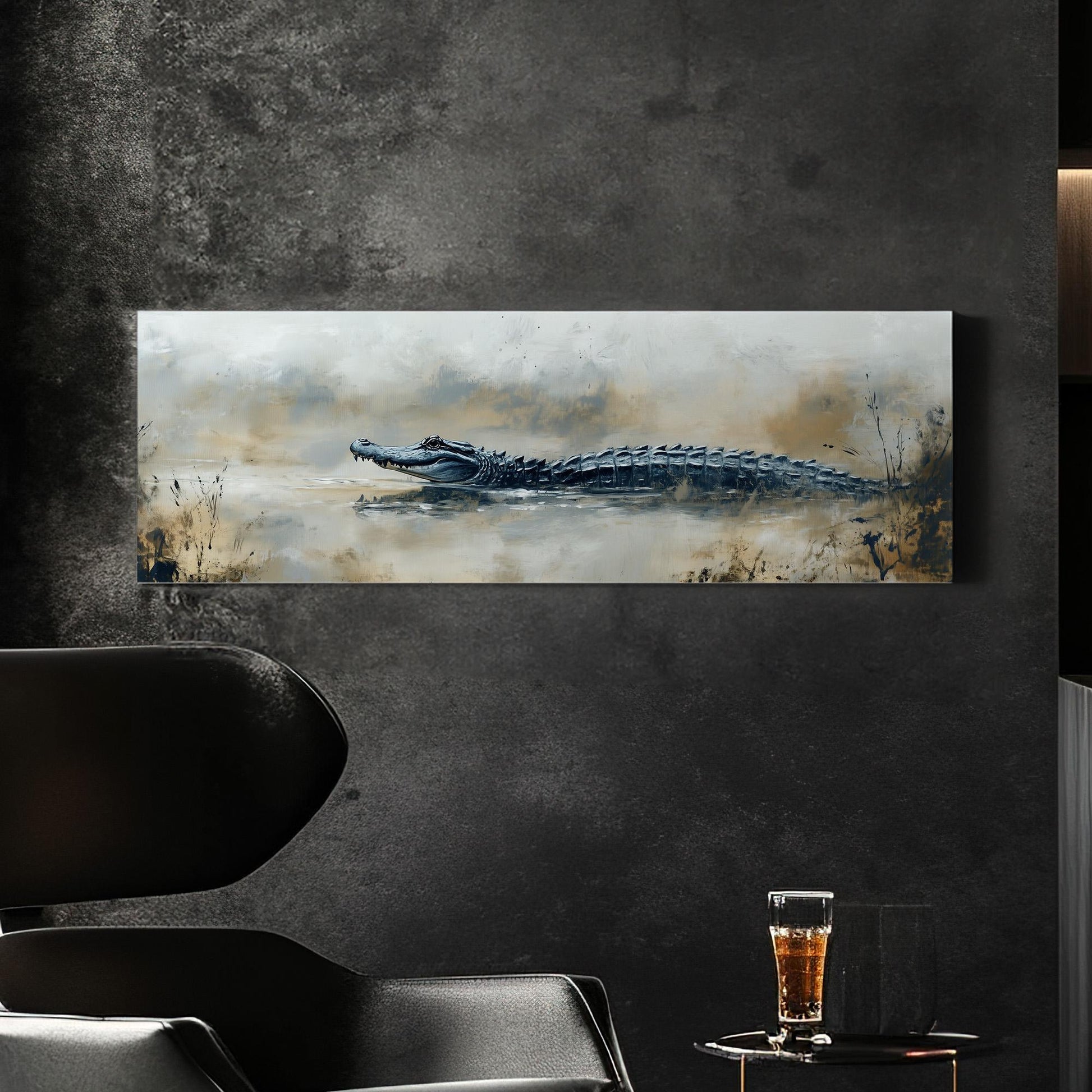 Alligator In The Mud Panoramic Art For Living Room, Canvas Florida Art Wall Art Print, Minimal Wildlife Decor Canvas Art