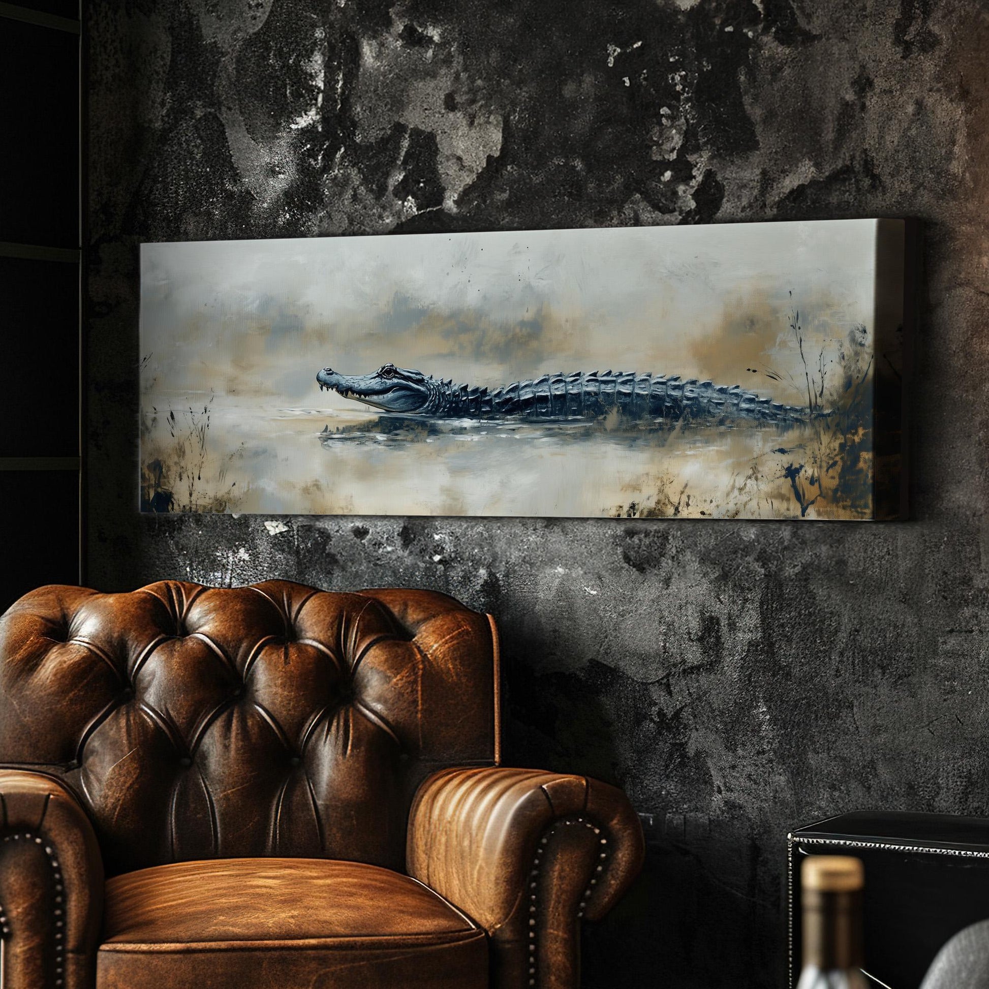 Alligator In The Mud Panoramic Art For Living Room, Canvas Florida Art Wall Art Print, Minimal Wildlife Decor Canvas Art