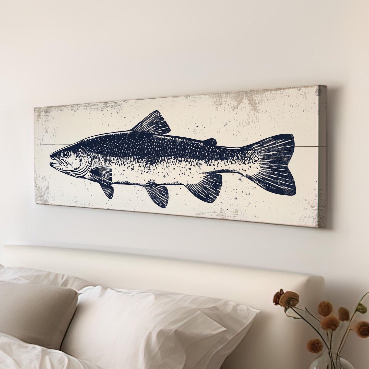 Navy Trout Panoramic Art For Living Guestroom, Canvas Fishing Shack Wall Art Print, Lake House Decor Canvas Art