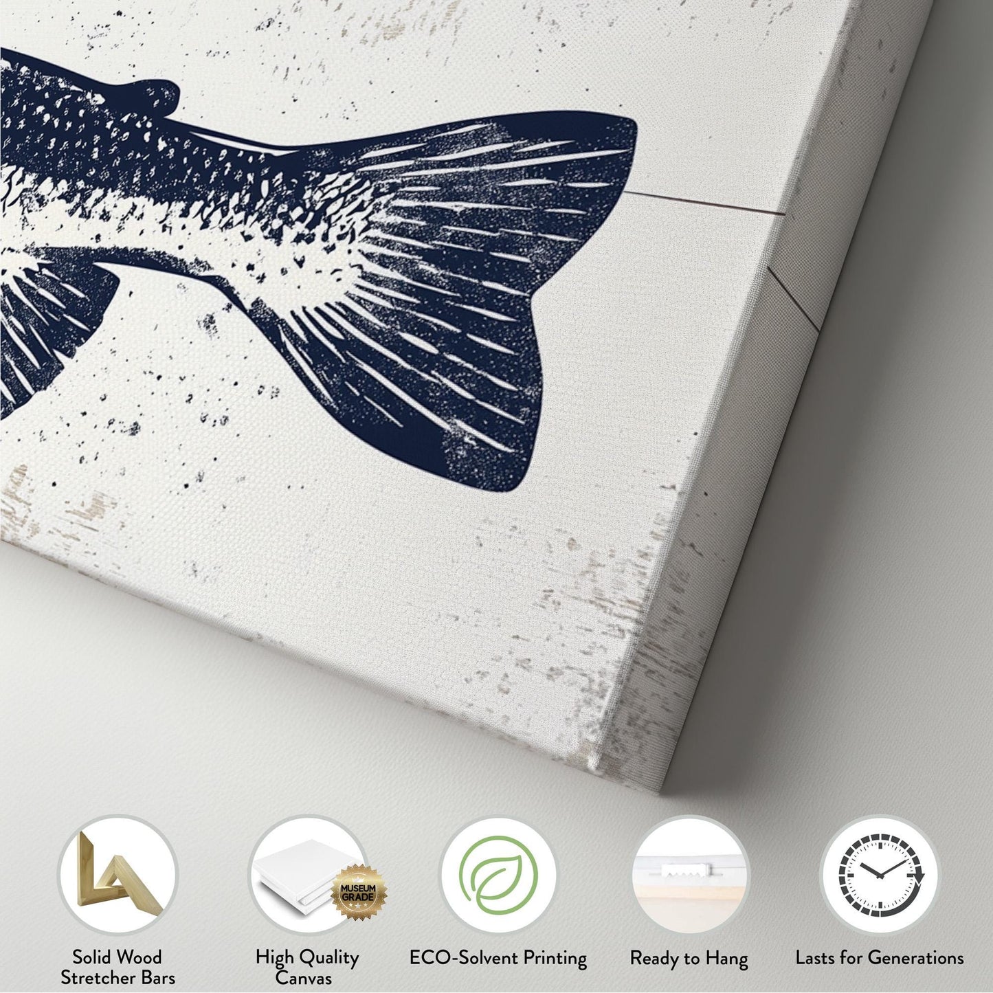 Navy Trout Panoramic Art For Living Guestroom, Canvas Fishing Shack Wall Art Print, Lake House Decor Canvas Art