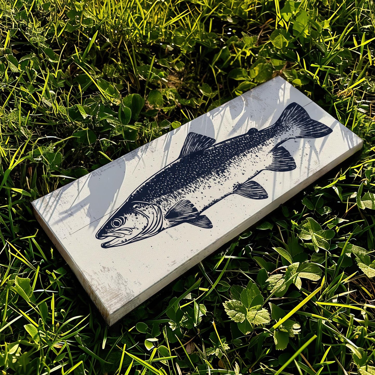 Navy Trout Panoramic Art For Living Guestroom, Canvas Fishing Shack Wall Art Print, Lake House Decor Canvas Art