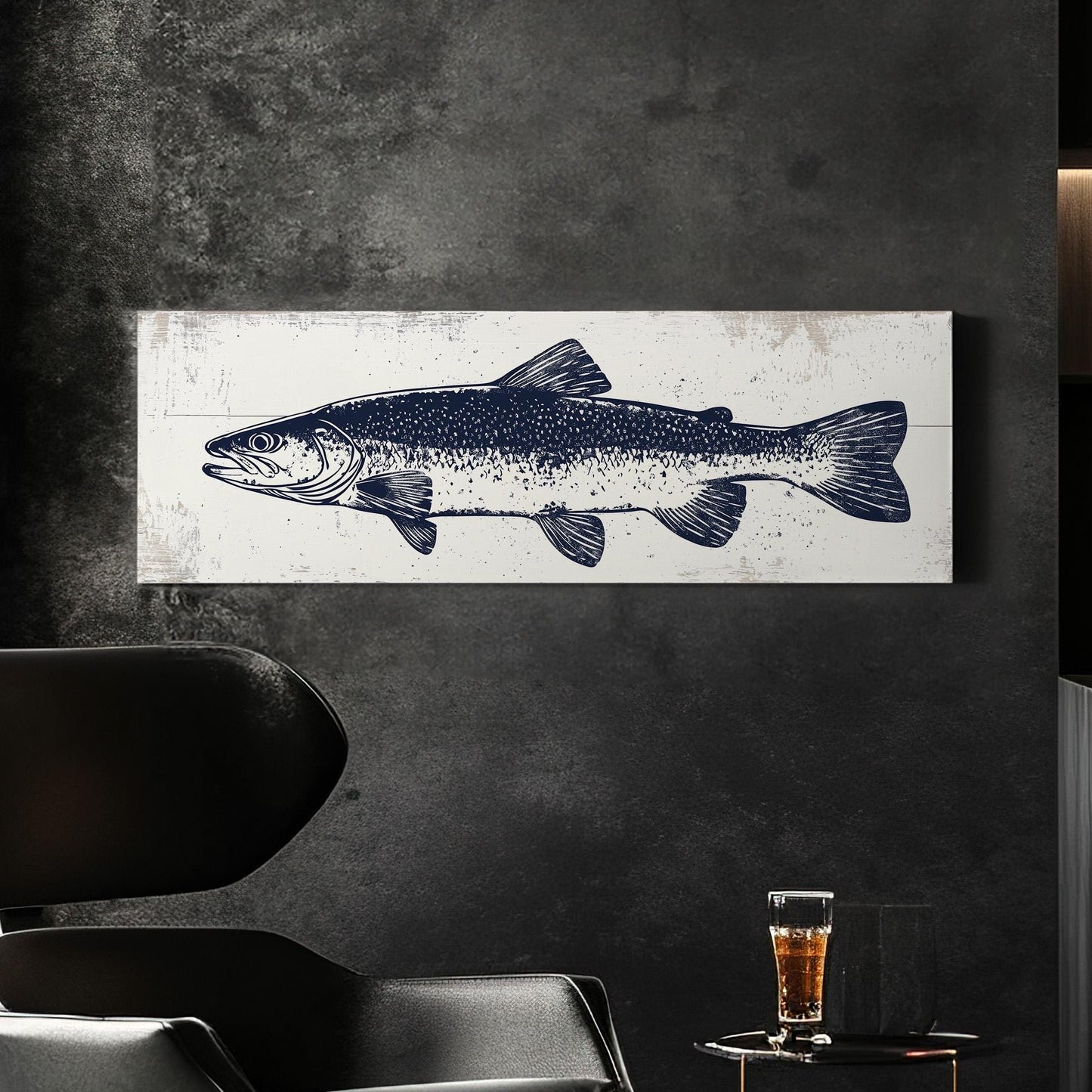 Navy Trout Panoramic Art For Living Guestroom, Canvas Fishing Shack Wall Art Print, Lake House Decor Canvas Art