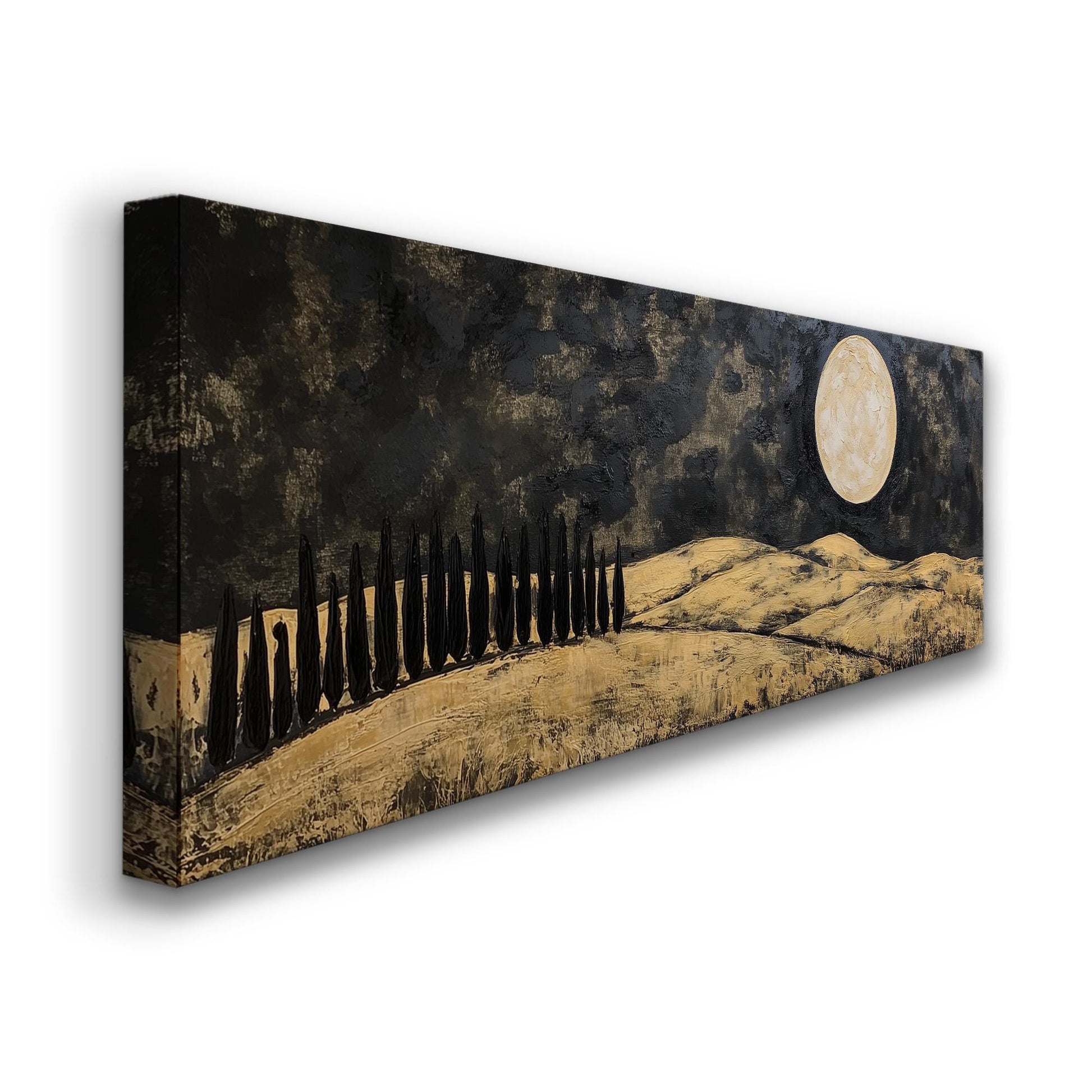 Gold Tuscany Fields Panoramic Art Above Bed, Canvas Mediterranean Wall Art Print, Black and Gold Decor Canvas Art