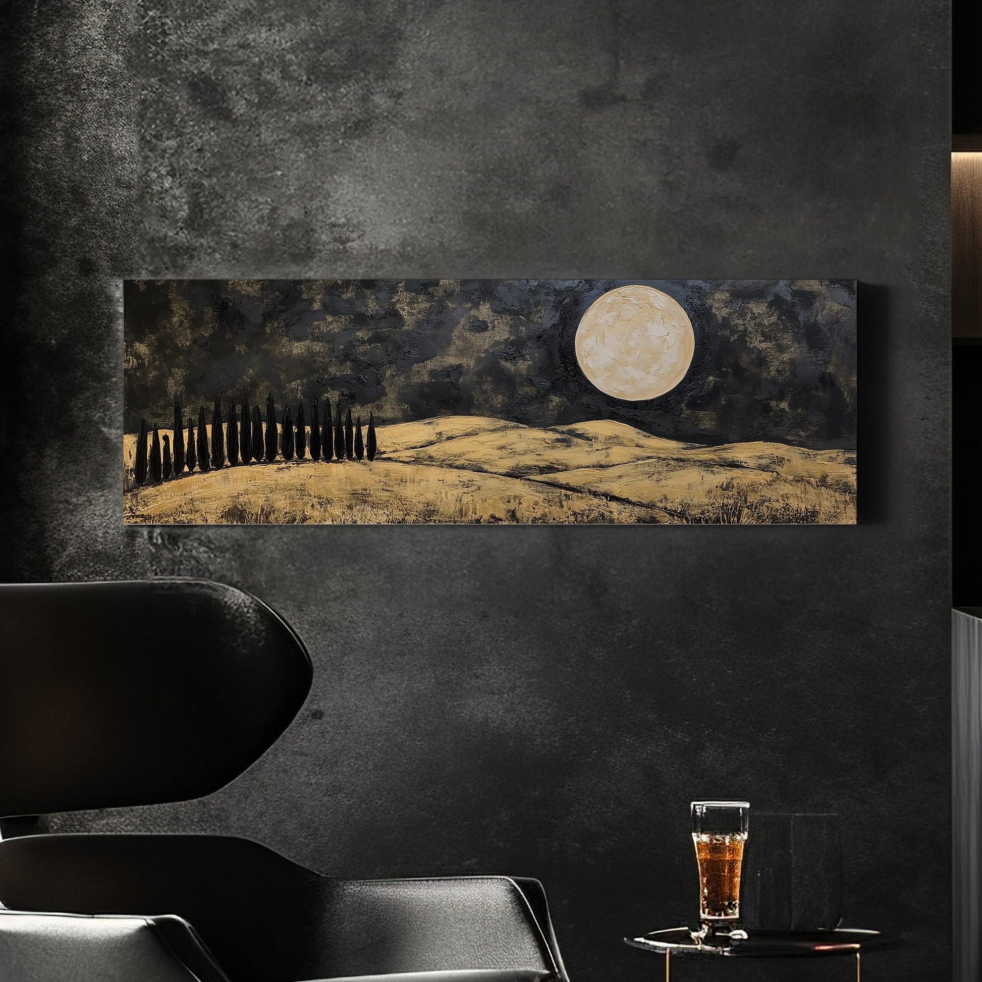 Gold Tuscany Fields Panoramic Art Above Bed, Canvas Mediterranean Wall Art Print, Black and Gold Decor Canvas Art