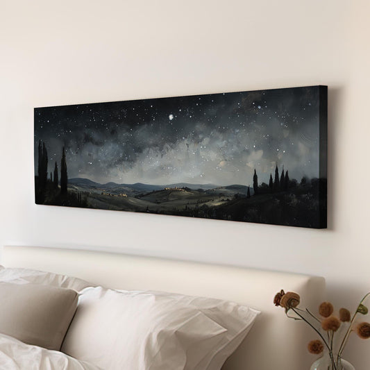 Stars Over Tuscany Panoramic Art Above Couch, Canvas Mediterranean Wall Art Print, Vintage Decor Canvas Art