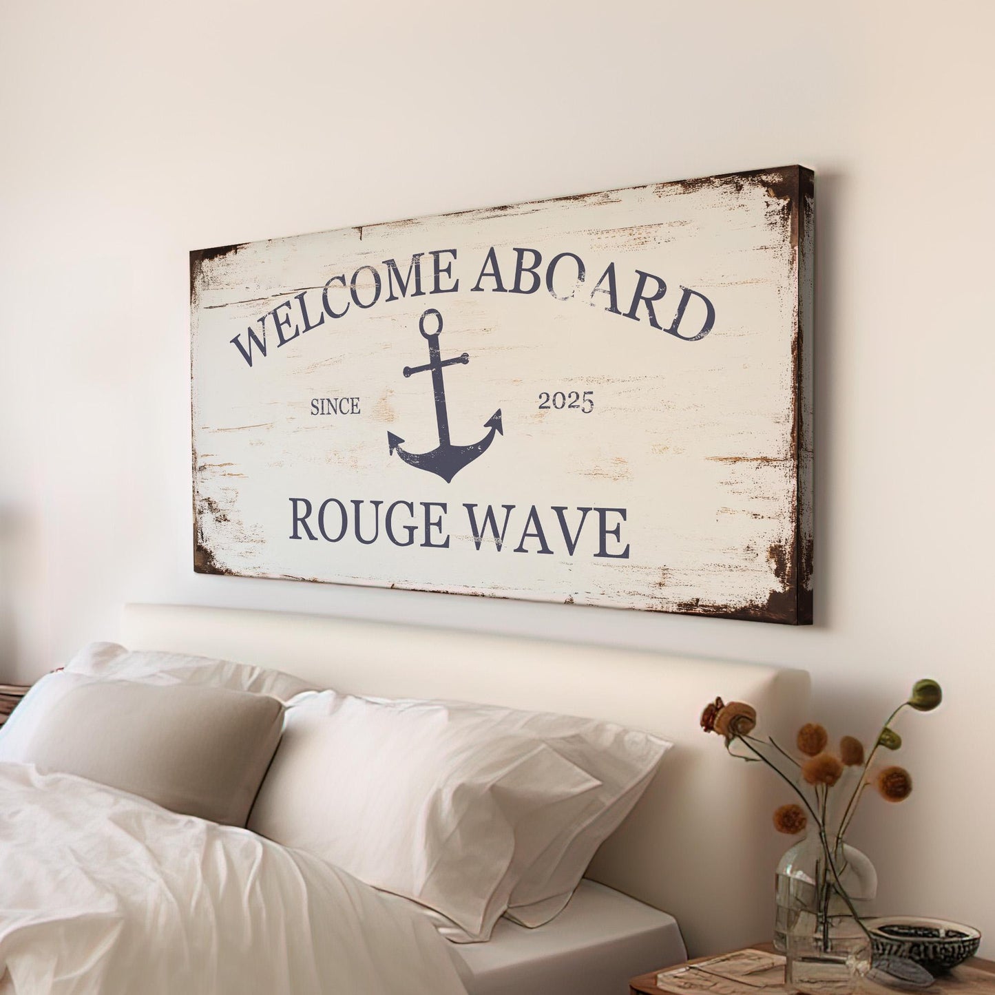 Welcome Aboard Sign Personalized Nautical Themed, Large Nautical Anchor Canvas Print, Yacht Club Decor Canvas Art