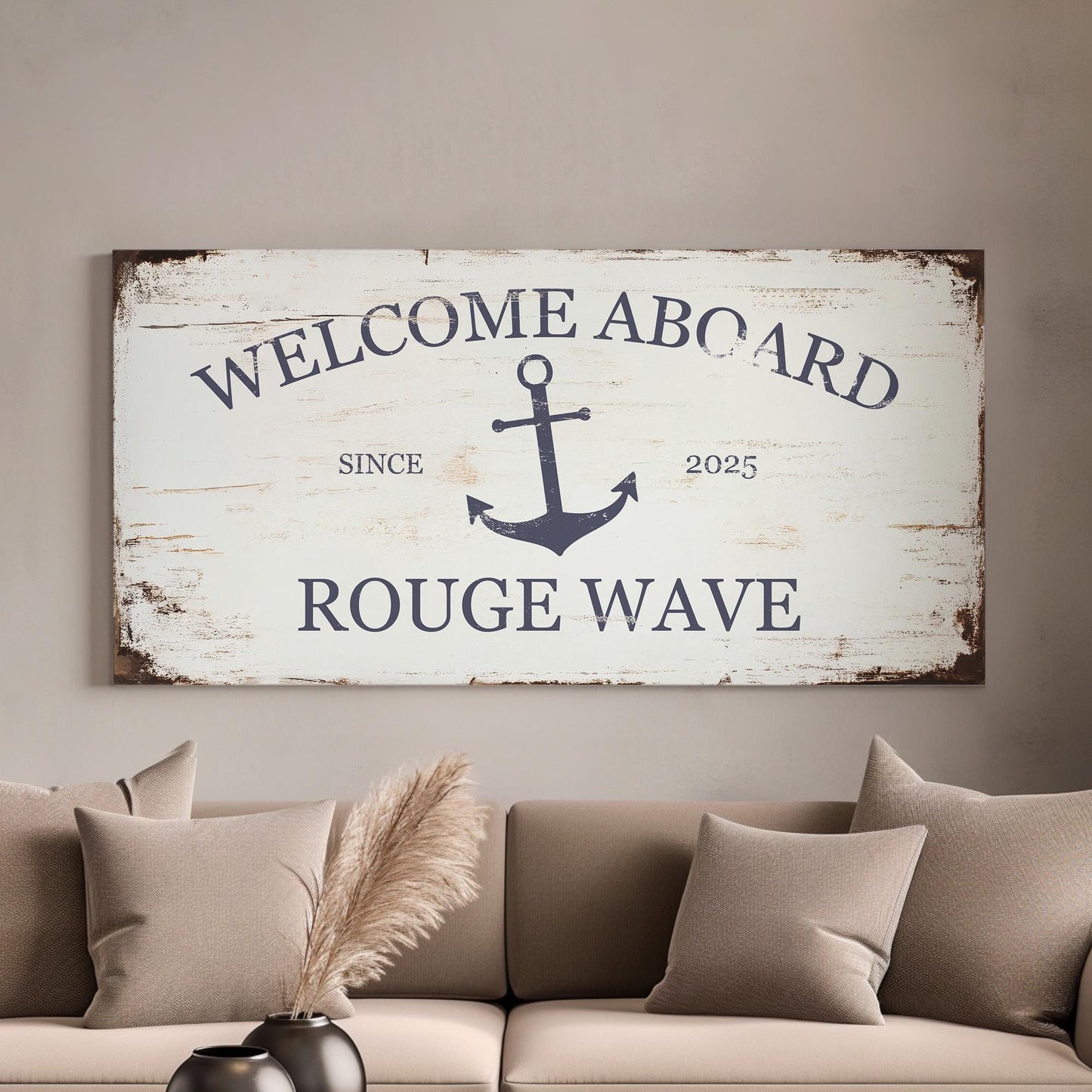 Welcome Aboard Sign Personalized Nautical Themed, Large Nautical Anchor Canvas Print, Yacht Club Decor Canvas Art