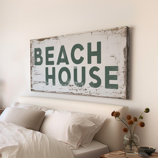 Rustic Beach House Sign Personalized Coastal Cottage, Large Nautical Welcome Canvas Print, Neutral Coastal Decor Canvas Art
