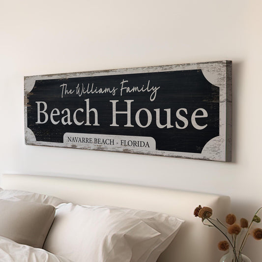 Personalized Beach House Sign Personalized Panoramic Summer Home, Vintage Coastal Chic Canvas Print, Oceanfront Cottage Decor Canvas Art