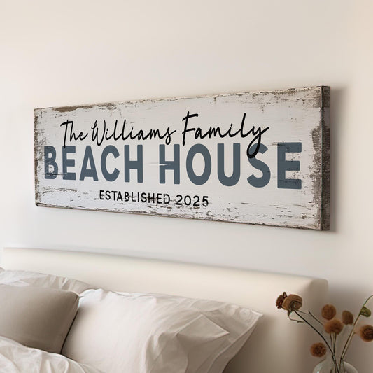Custom Family Sign Personalized Panoramic Maritime, Vintage Whitewashed Canvas Print, Oceanfront Cottage Decor Canvas Art