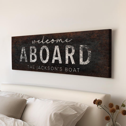 Welcome Aboard Sign Personalized Panoramic Personalized Boat, Vintage Lake House Canvas Print, Boathouse Decor Canvas Art