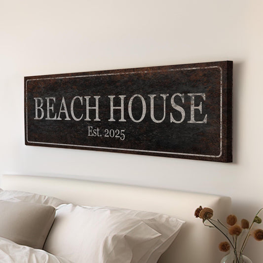 Rustic Beach House Sign Personalized Panoramic Personalized, Vintage Seaside Retreat Canvas Print, Coastal Chic Decor Canvas Art