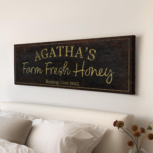 Personalized Farm Fresh Honey Personalized Panoramic Gold and Black, Vintage Bee Farm Canvas Print, Farmhouse Decor Canvas Art