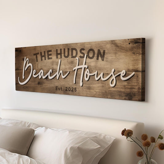 Custom Beach House Sign Personalized Panoramic Maritime, Vintage Personalized Family Canvas Print, Tropical Shoreline Decor Canvas Art