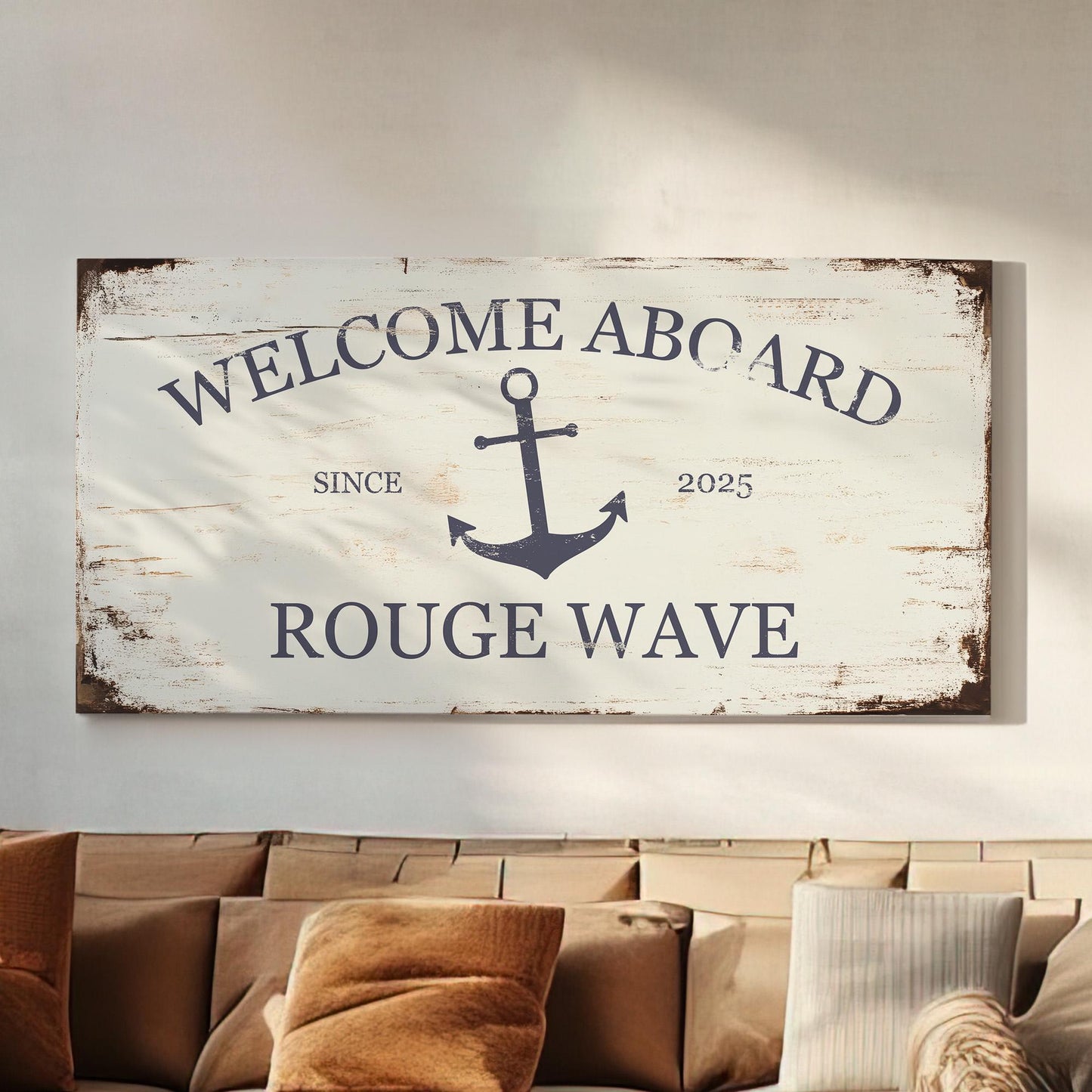 Welcome Aboard Sign Personalized Nautical Themed, Large Nautical Anchor Canvas Print, Yacht Club Decor Canvas Art