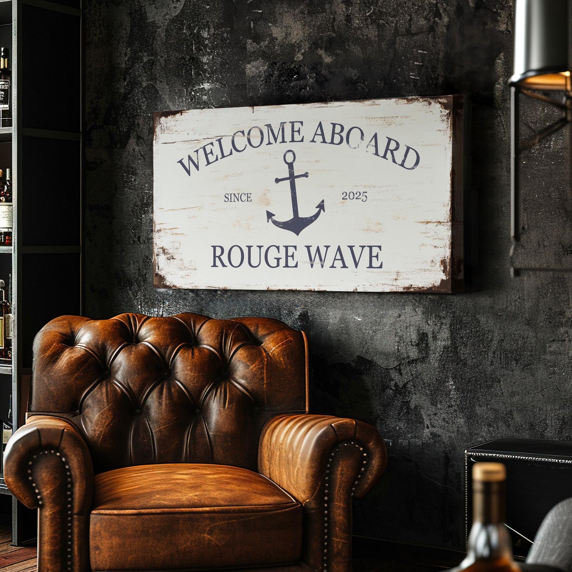 Welcome Aboard Sign Personalized Nautical Themed, Large Nautical Anchor Canvas Print, Yacht Club Decor Canvas Art