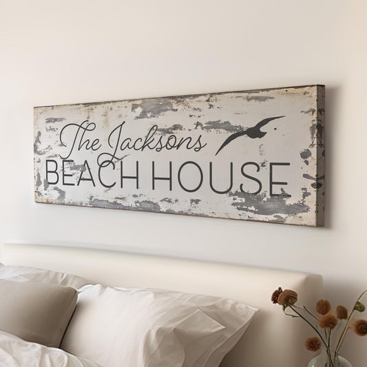 Nautical Summer Home Personalized Panoramic Personalized, Vintage Seaside Retreat Canvas Print, Coastal Chic Decor Canvas Art