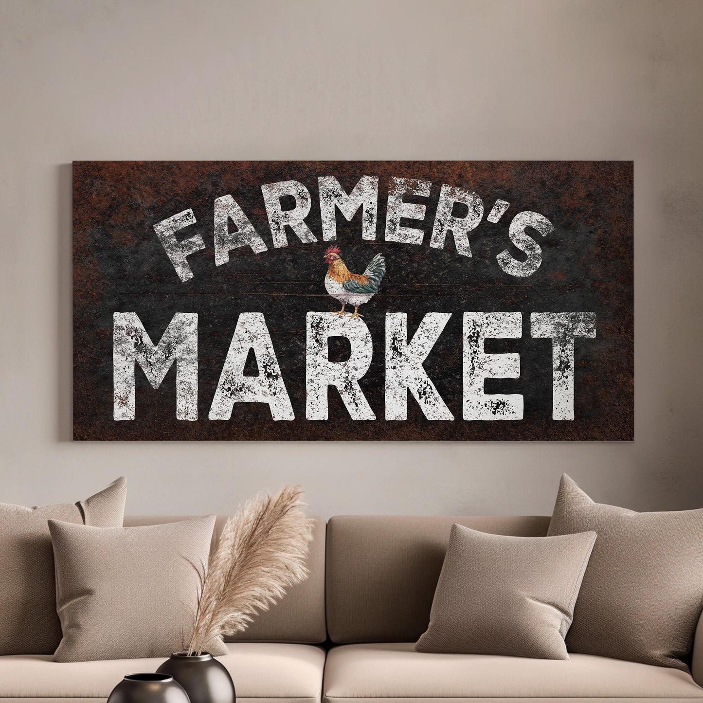 Farmers Market Sign Personalized Rustic Country, Large Farmhouse Canvas Print, Rooster Decor Canvas Art