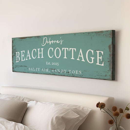 Teal Coastal Decor Personalized Panoramic Summer Home, Vintage Coastal Chic Canvas Print, Oceanfront Cottage Decor Canvas Art