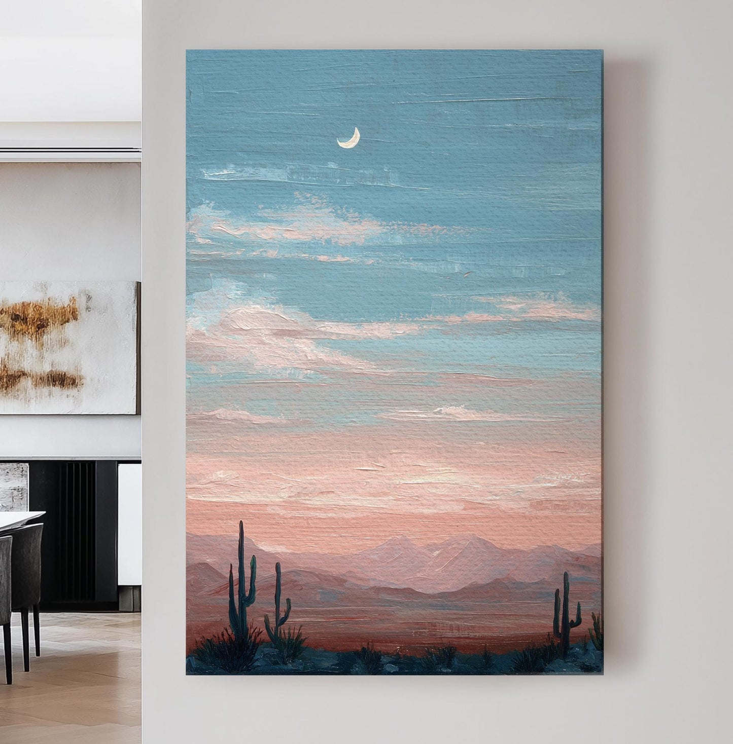 Moonlit Desert Serenity Canvas Art Impressionist Print Bohemian Wall Art For Living Room Twilight Rose Art Landscape Decor Vertical Canvas
