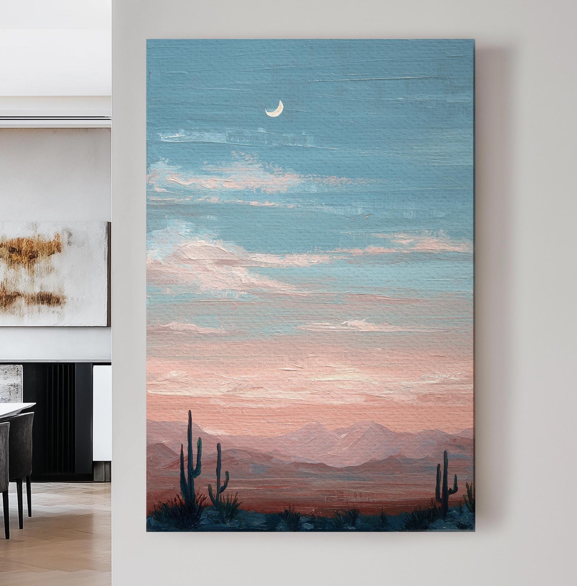 Moonlit Desert Serenity Canvas Art Impressionist Print Bohemian Wall Art For Living Room Twilight Rose Art Landscape Decor Vertical Canvas