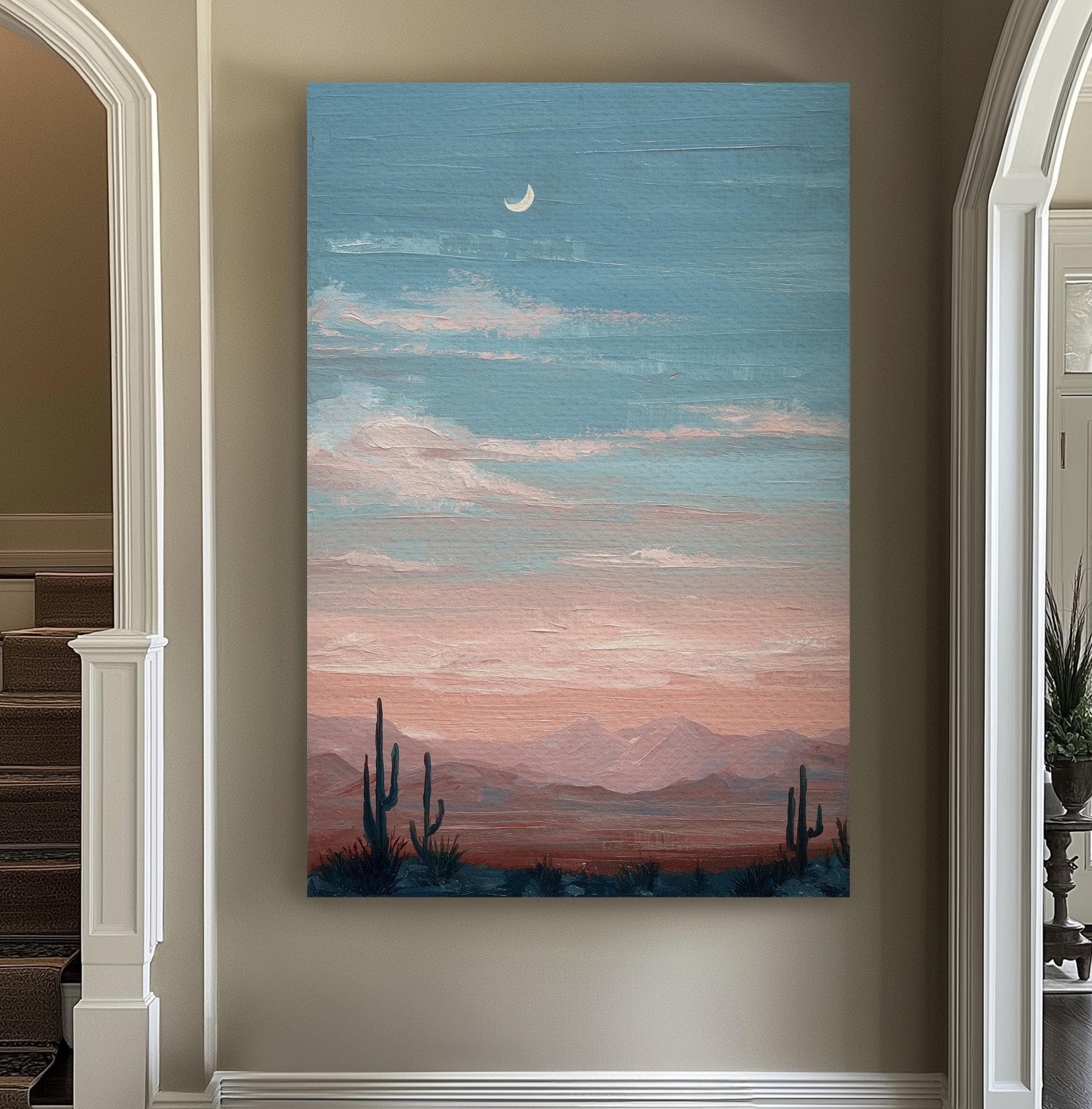 Moonlit Desert Serenity Canvas Art Impressionist Print Bohemian Wall Art For Living Room Twilight Rose Art Landscape Decor Vertical Canvas