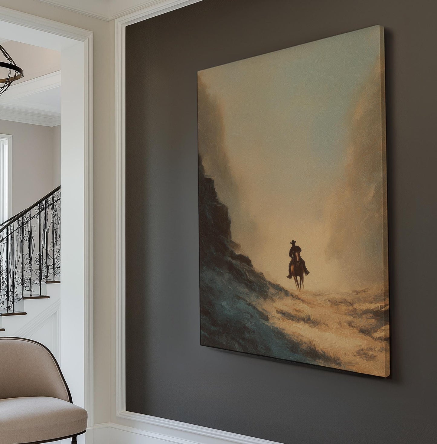 Lone Rider At Dusk Canvas Art Western Landscape Print Rustic Wall Art For Living Room Desert Sand Art Cowboy Journey Decor Vertical Canvas
