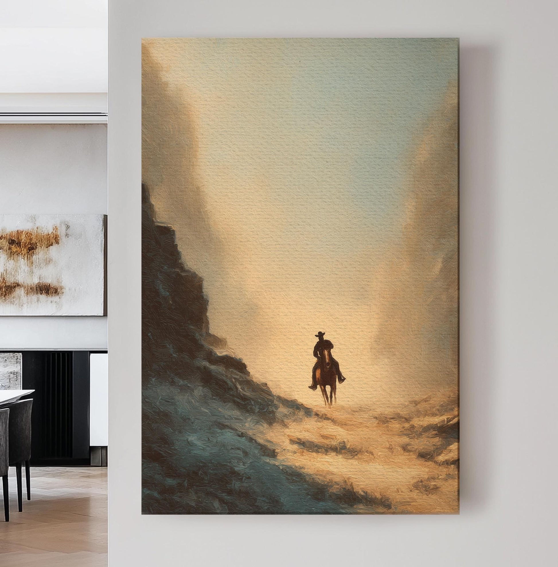 Lone Rider At Dusk Canvas Art Western Landscape Print Rustic Wall Art For Living Room Desert Sand Art Cowboy Journey Decor Vertical Canvas