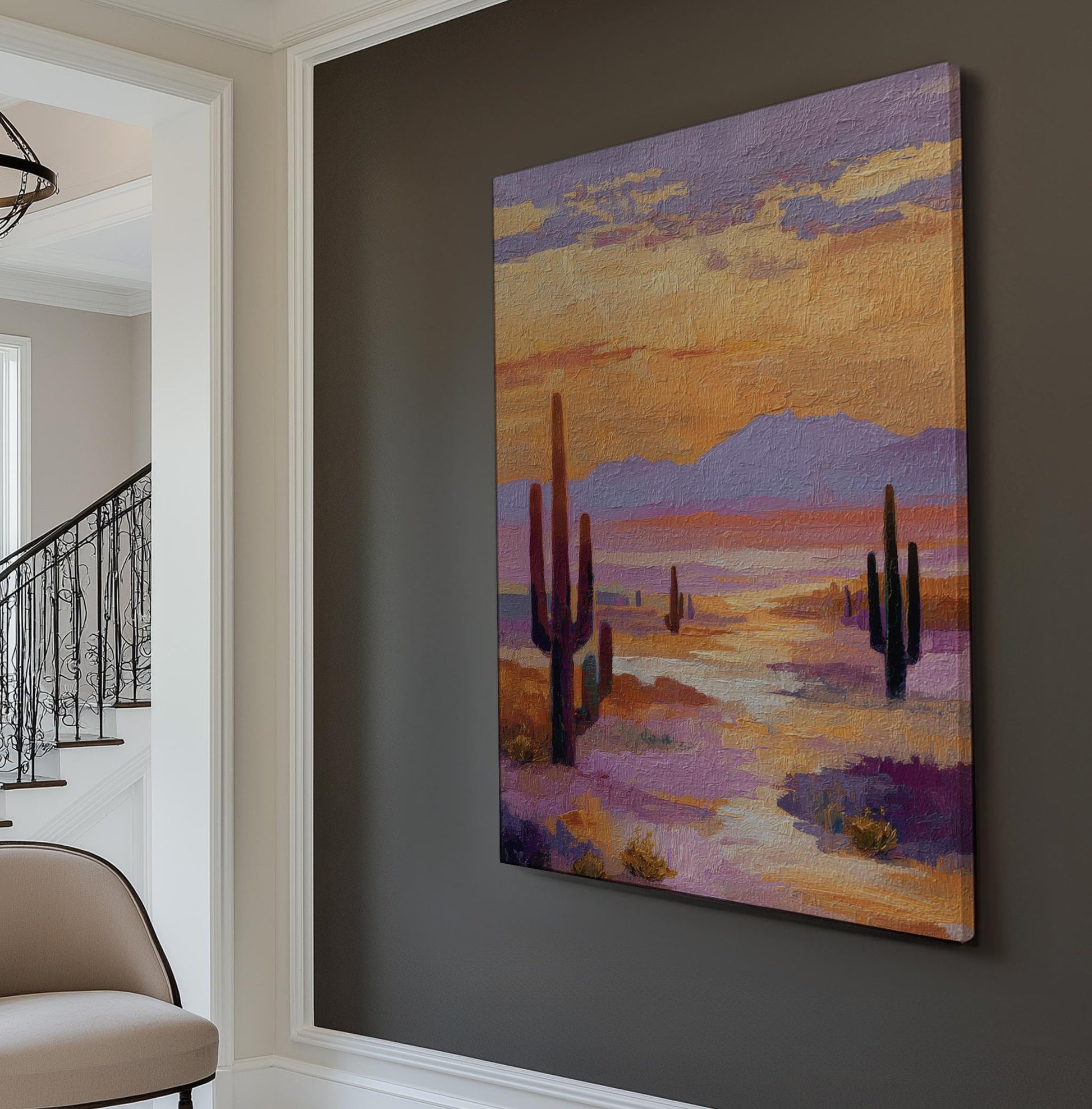 Desert Sunset Serenity Canvas Art Impressionist Print Southwestern Wall Art For Living Room Dusky Lavender Art Cactus Vertical Canvas