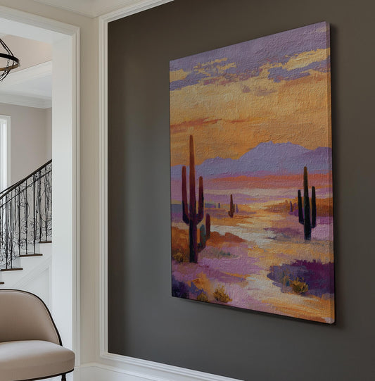 Desert Sunset Serenity Canvas Art Impressionist Print Southwestern Wall Art For Living Room Dusky Lavender Art Cactus Vertical Canvas