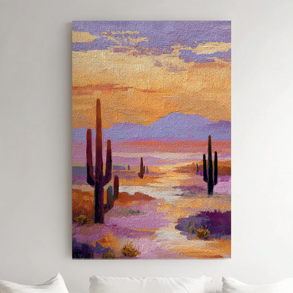 Desert Sunset Serenity Canvas Art Impressionist Print Southwestern Wall Art For Living Room Dusky Lavender Art Cactus Vertical Canvas