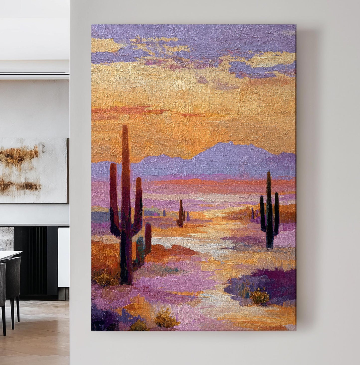 Desert Sunset Serenity Canvas Art Impressionist Print Southwestern Wall Art For Living Room Dusky Lavender Art Cactus Vertical Canvas
