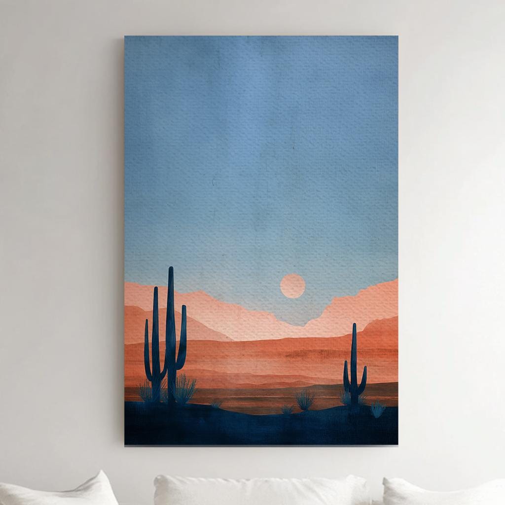 Desert Sunset Canvas Print: Minimalist Cactus Landscape Wall Art