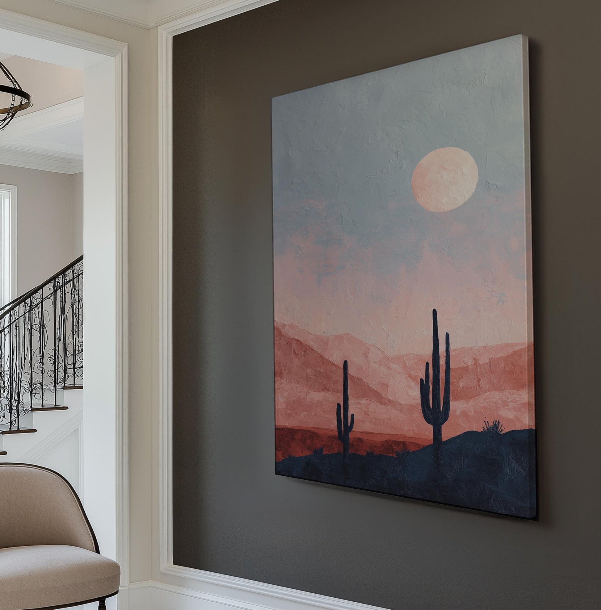 Desert Moonrise Canvas Art Impressionist Landscape Print Modern Wall Art For Living Room Blush Sunset Art Cactus Decor Vertical Canvas