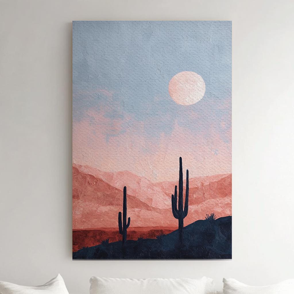 Desert Moonrise Canvas Art Impressionist Landscape Print Modern Wall Art For Living Room Blush Sunset Art Cactus Decor Vertical Canvas
