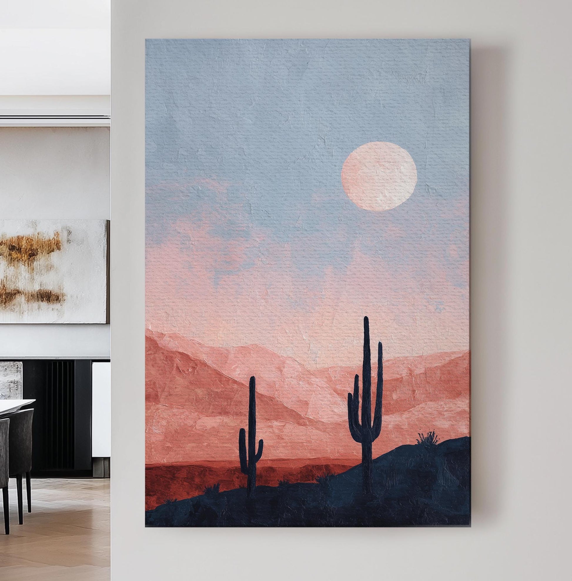 Desert Moonrise Canvas Art Impressionist Landscape Print Modern Wall Art For Living Room Blush Sunset Art Cactus Decor Vertical Canvas