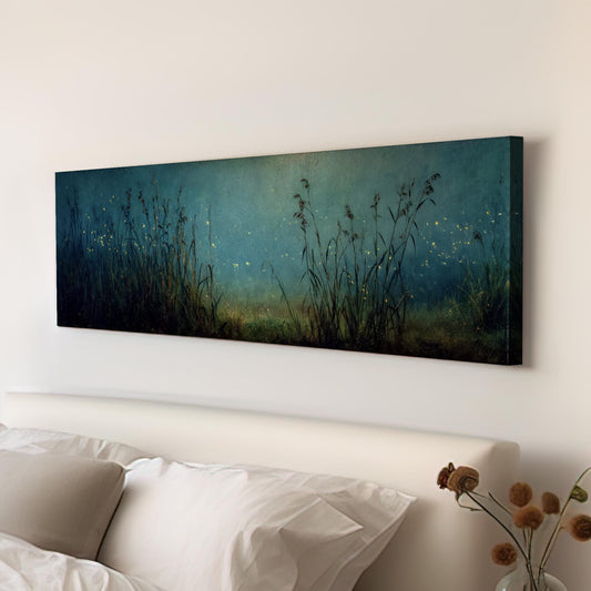 Whispering Fireflies Canvas Art Nocturnal Serenity Print Bohemian Wall Art For Bedroom Enchanted Teal Art Natures Glow Decor Panoramic Art