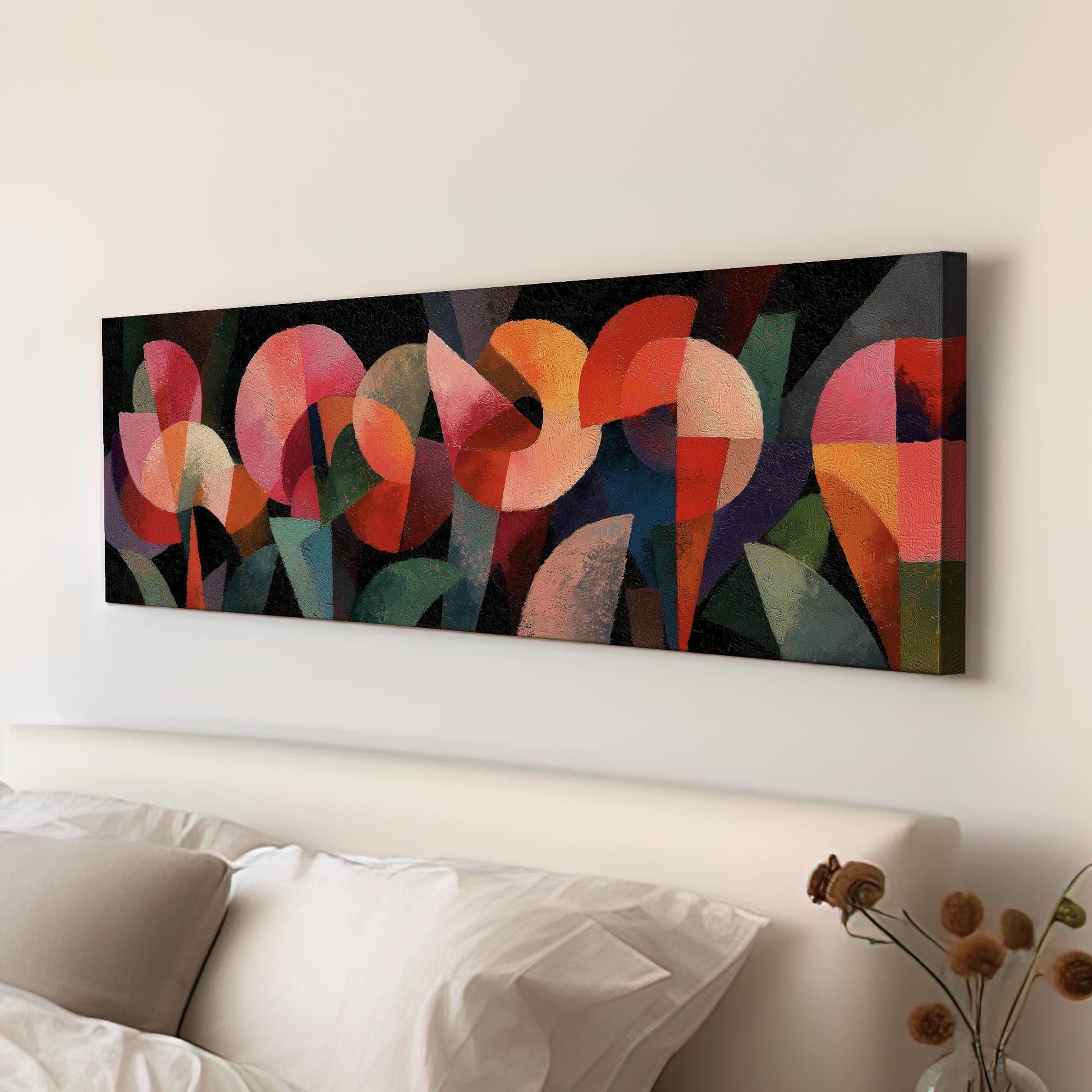 Vibrant Geometry Canvas Art Abstract Print Modern Wall Art For Living Room Coral Fire Art Shapes Decor Panoramic Wall Art