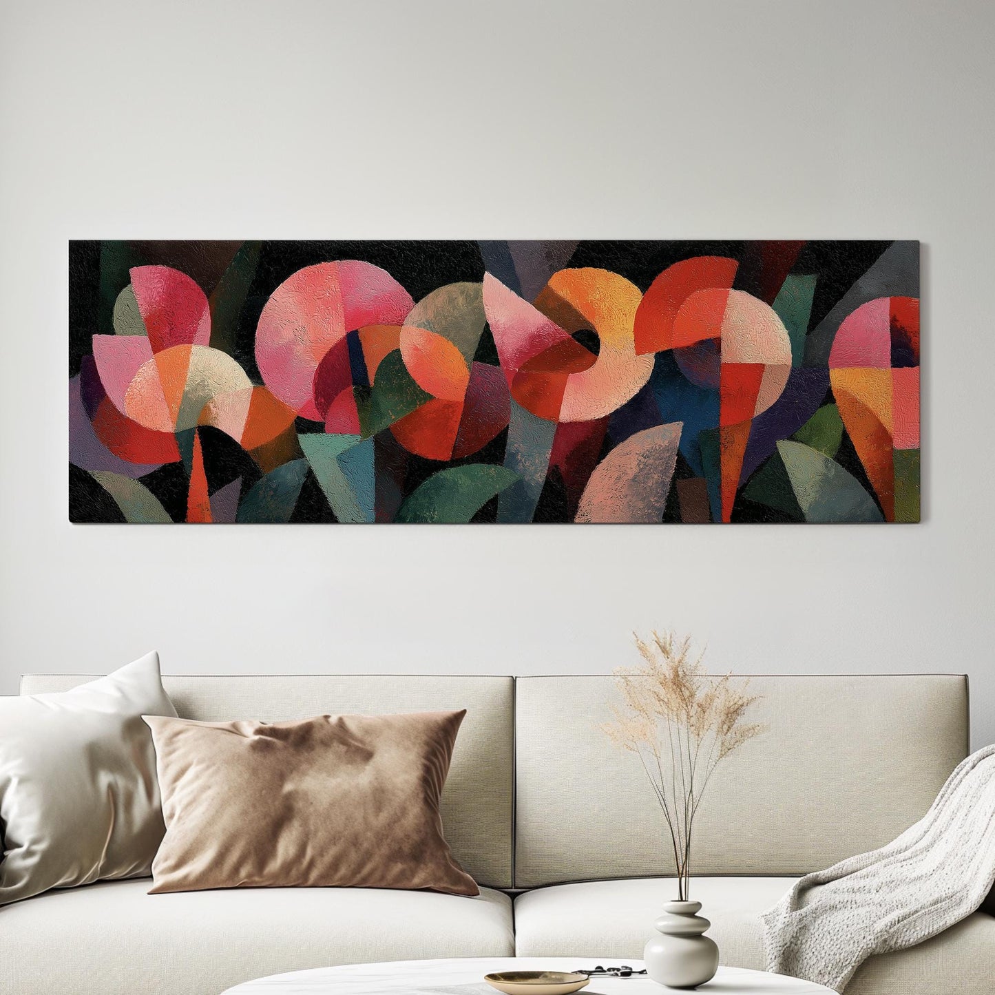 Vibrant Geometry Canvas Art Abstract Print Modern Wall Art For Living Room Coral Fire Art Shapes Decor Panoramic Wall Art