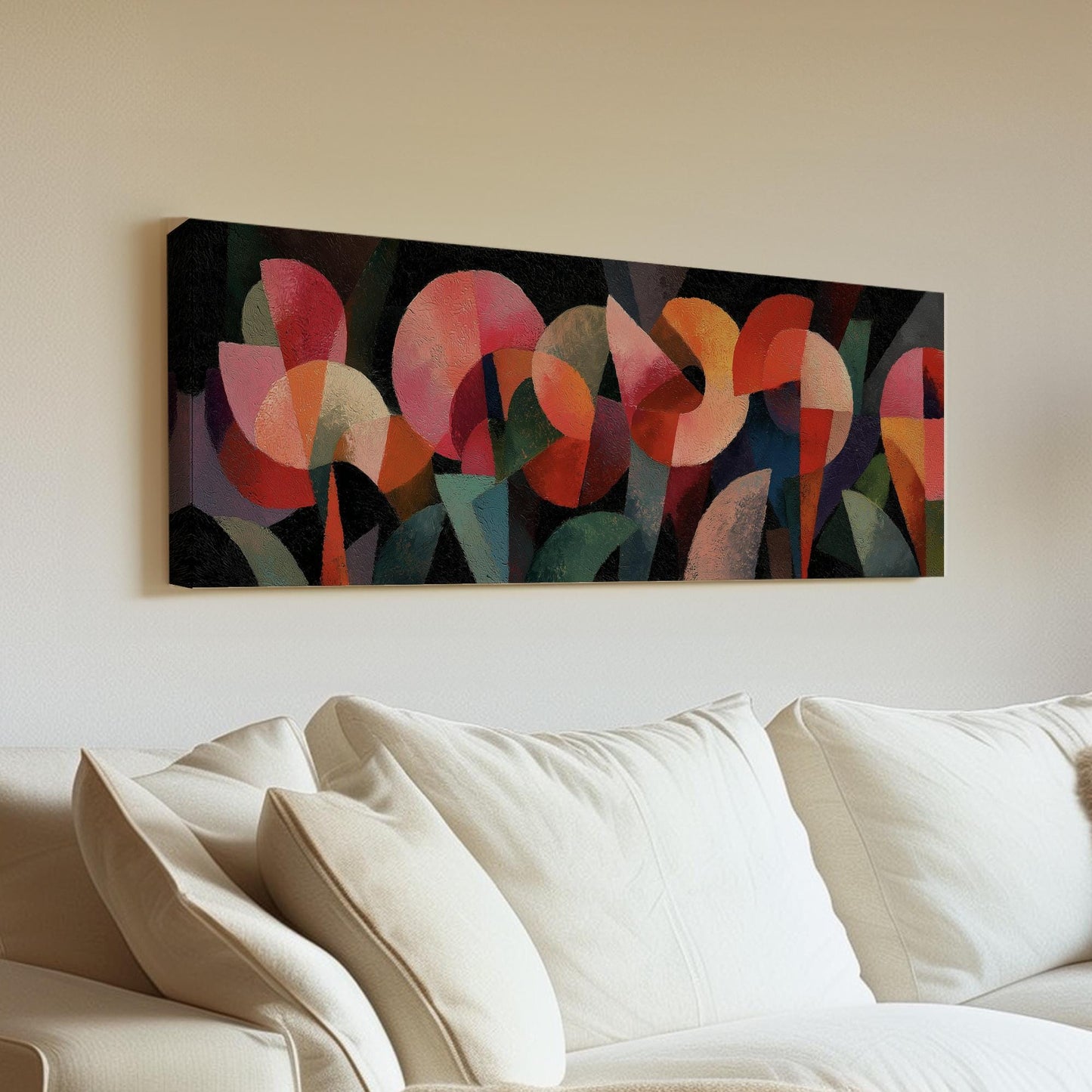 Vibrant Geometry Canvas Art Abstract Print Modern Wall Art For Living Room Coral Fire Art Shapes Decor Panoramic Wall Art